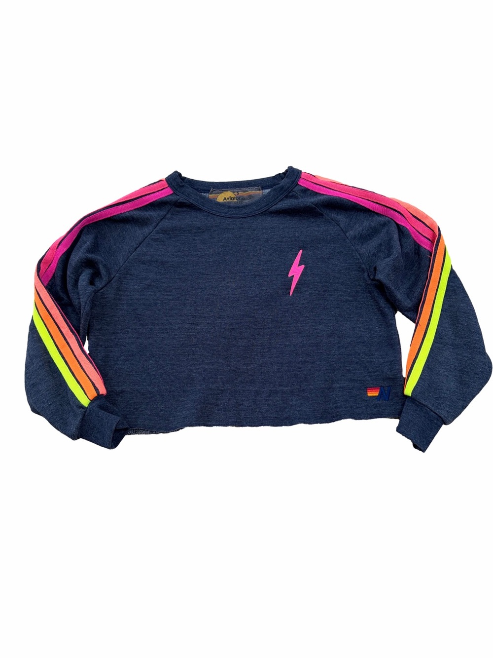 Aviator Nation Women’s Small Bolt Cropped Classic Crewneck in Heather Navy Neon
